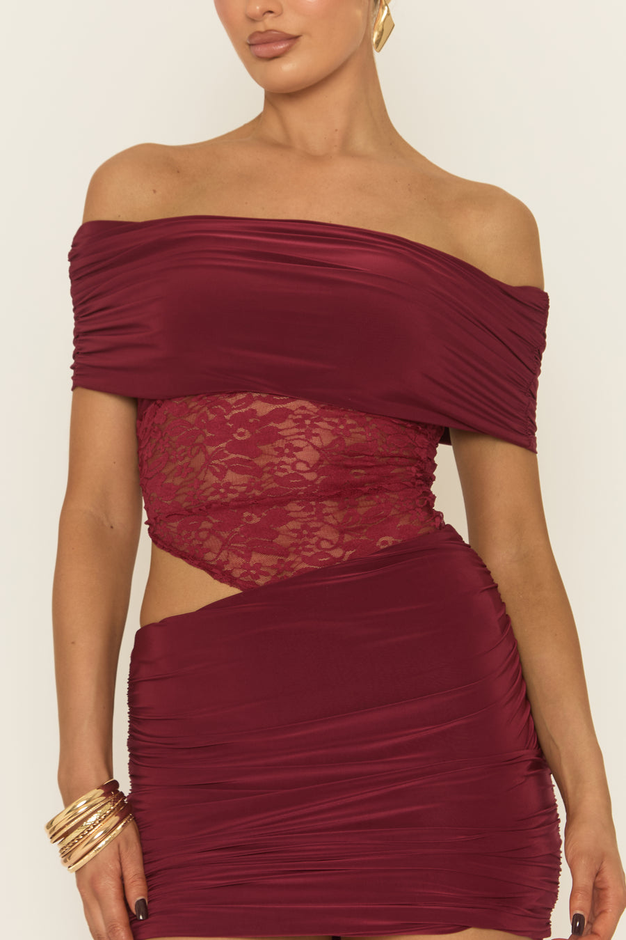 Wine Lace Bardot Top and Mini Skirt Co-ord Set - Mareen