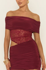 Wine Lace Bardot Top and Mini Skirt Co-ord Set - Mareen