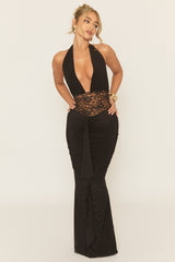 Black Plunge Neck Lace Insert Maxi Dress - Minal