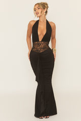 Black Plunge Neck Lace Insert Maxi Dress - Minal