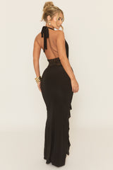 Black Plunge Neck Lace Insert Maxi Dress - Minal
