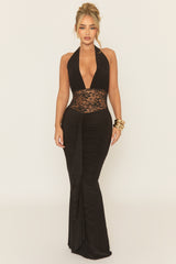 Black Plunge Neck Lace Insert Maxi Dress - Minal