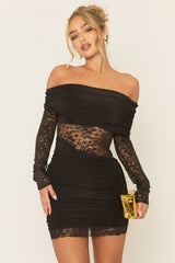 Black Lace Drape Front Mini Dress - Lorrae