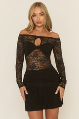 Black Lace Knot Front Bardot Mini Dress - Darlene