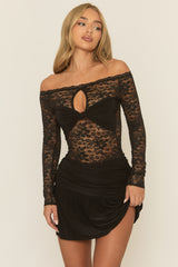 Black Lace Knot Front Bardot Mini Dress - Darlene