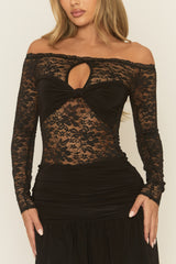 Black Lace Knot Front Bardot Mini Dress - Darlene