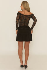 Black Lace Knot Front Bardot Mini Dress - Darlene