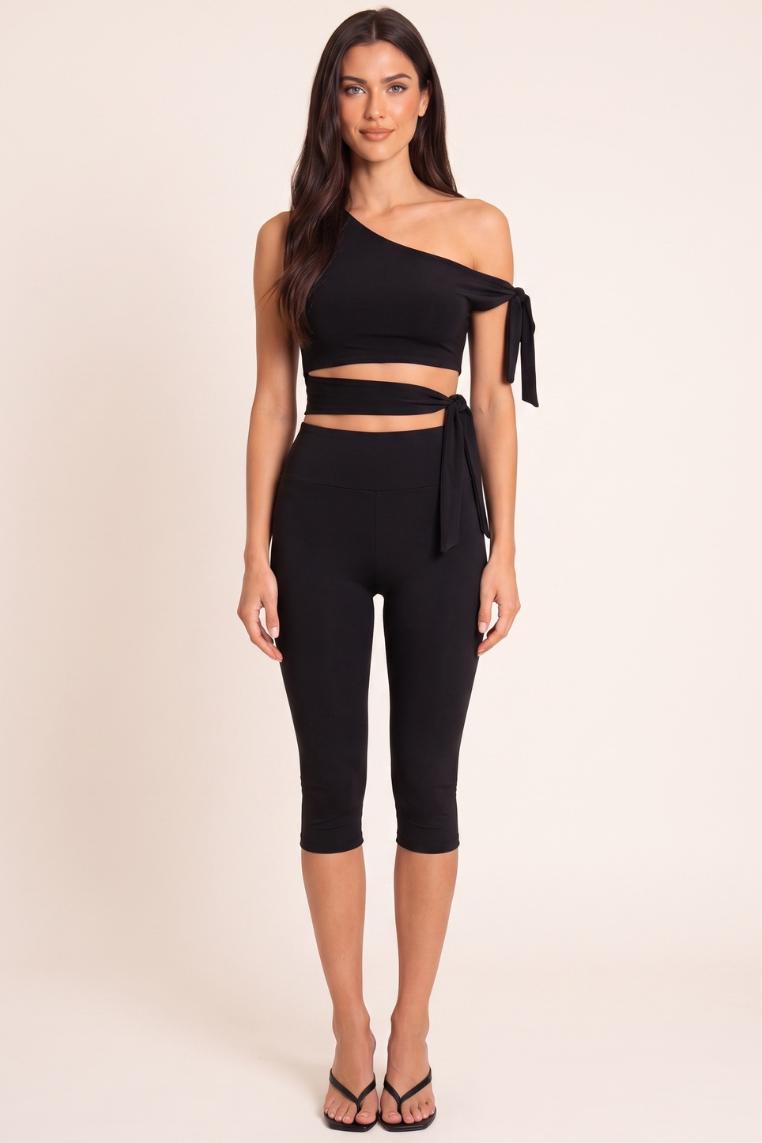 Black One Shoulder Tie Detail Crop Top - Rella
