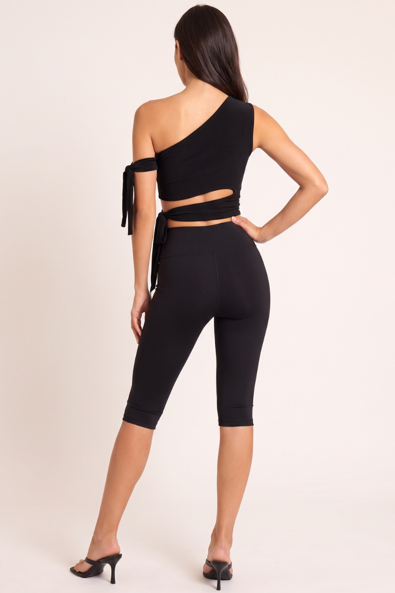 Black One Shoulder Tie Detail Crop Top - Rella