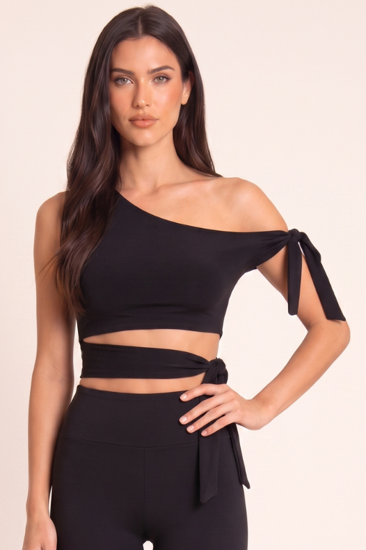 Black One Shoulder Tie Detail Crop Top - Rella