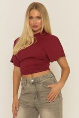 Wine Short Sleeve Cinched Waist T-Shirt - Hilde