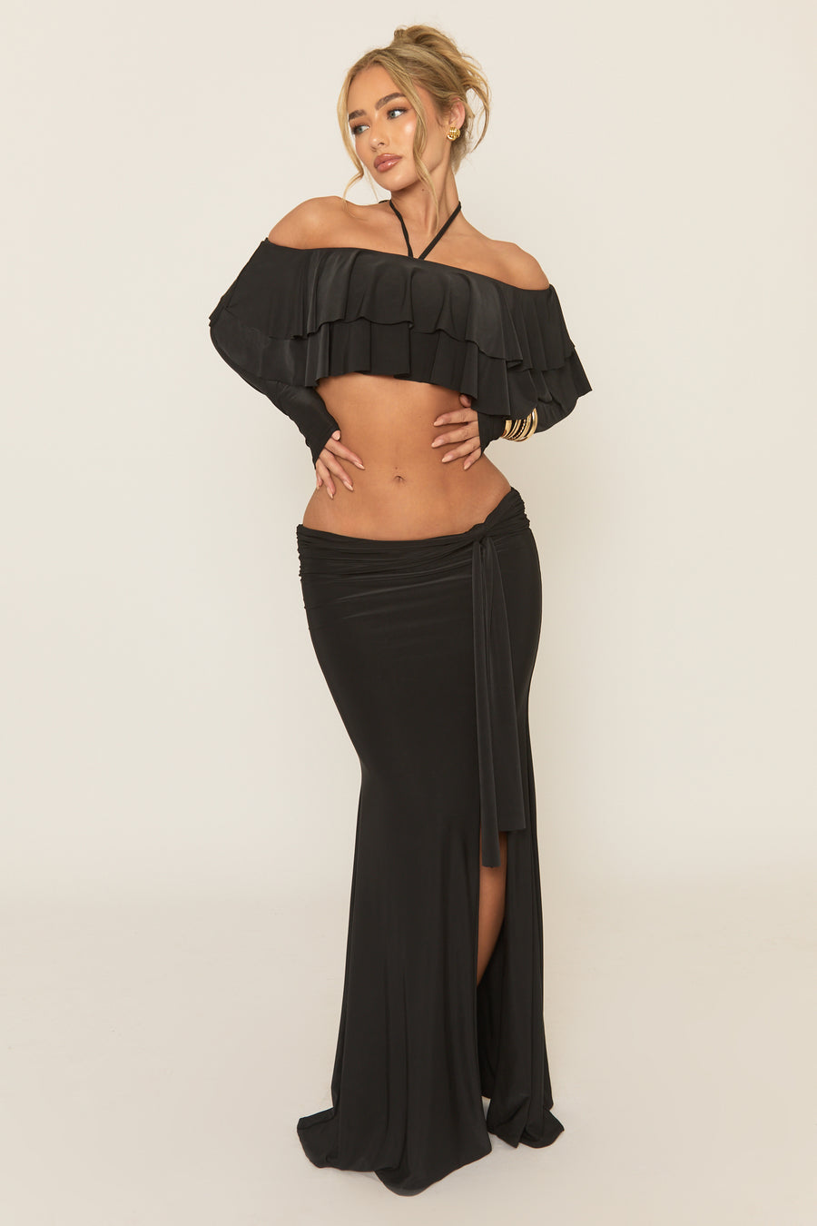 Black Ruffle Bardot Long Sleeve Top and Maxi Skirt Co-ord Set - Ladina