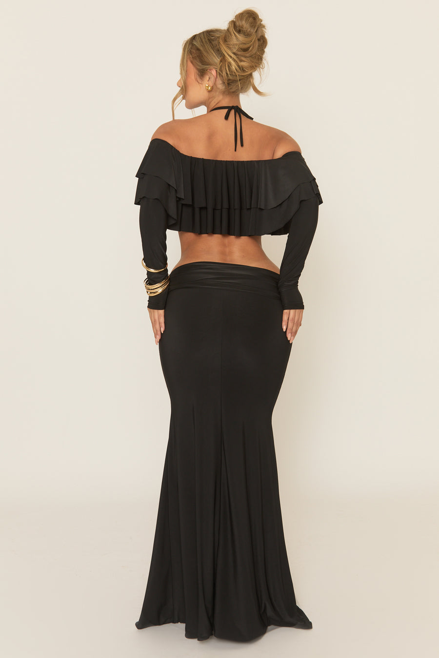 Black Ruffle Bardot Long Sleeve Top and Maxi Skirt Co-ord Set - Ladina