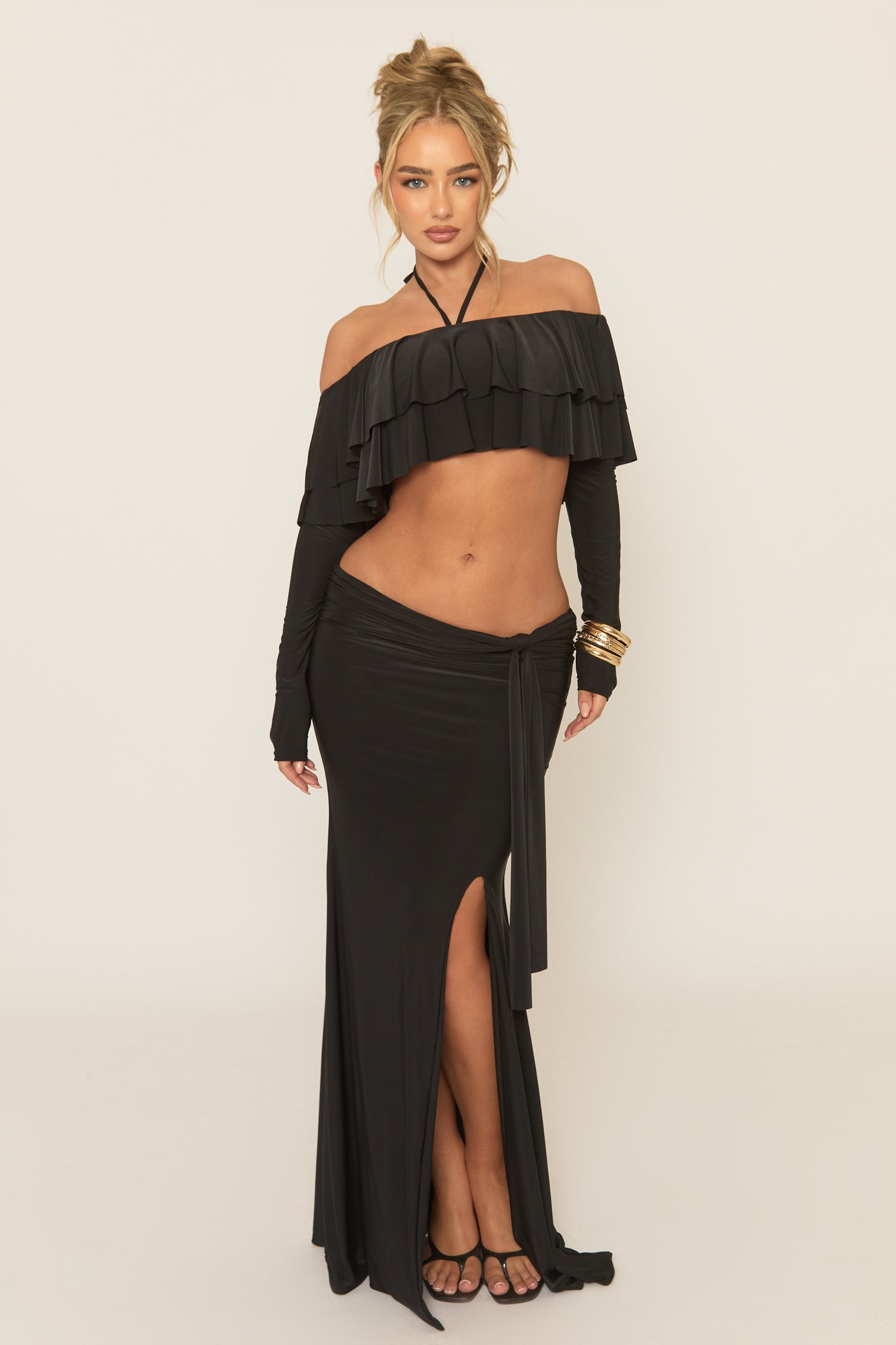 Black Ruffle Strap Crop Top and Maxi Skirt Set