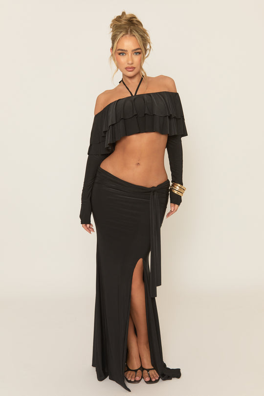 Black Ruffle Bardot Long Sleeve Top and Maxi Skirt Co-ord Set - Ladina