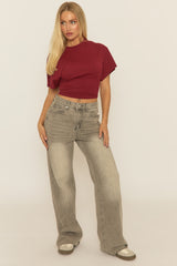 Wine Short Sleeve Cinched Waist T-Shirt - Hilde