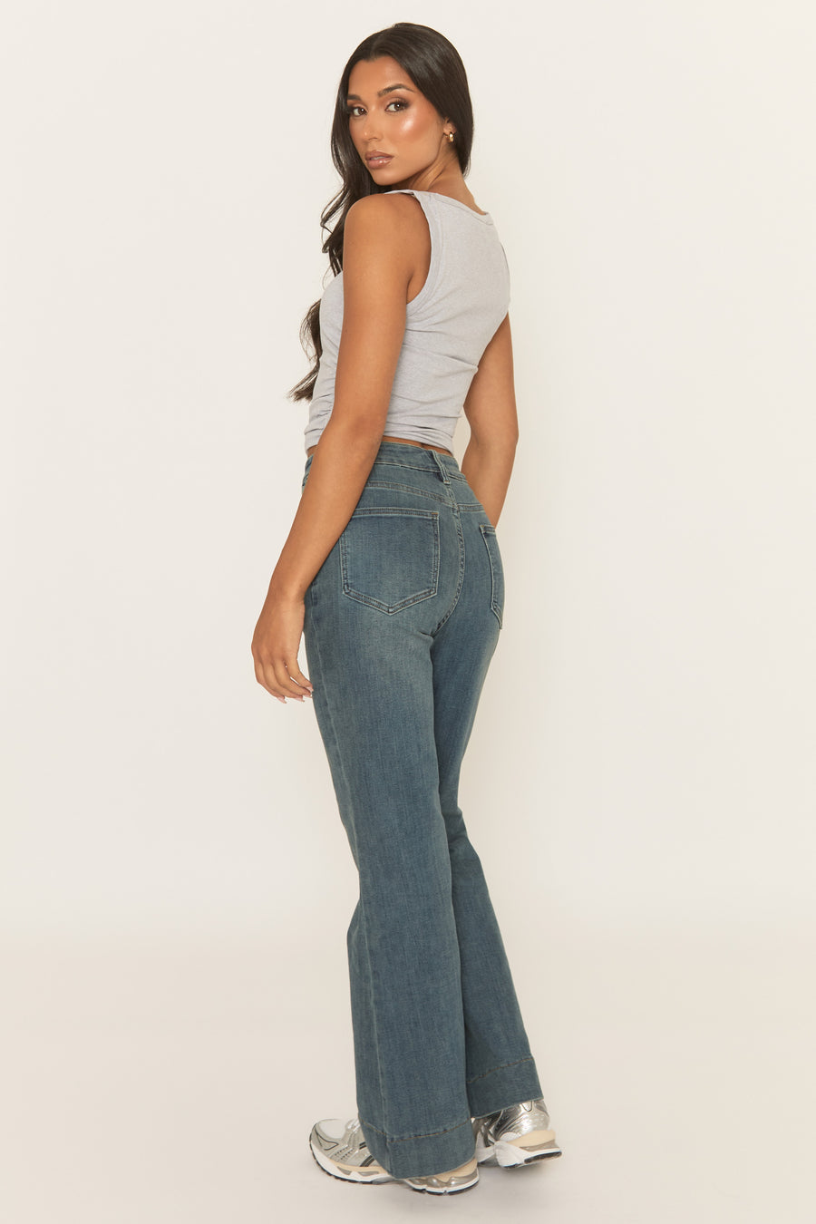 Mid Blue Seam Detail Flare Denim Jeans - Aoife