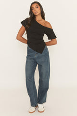 Mid Blue Stretch Denim Barrel Leg Jeans - Aine