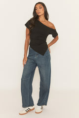 Mid Blue Stretch Denim Barrel Leg Jeans - Aine