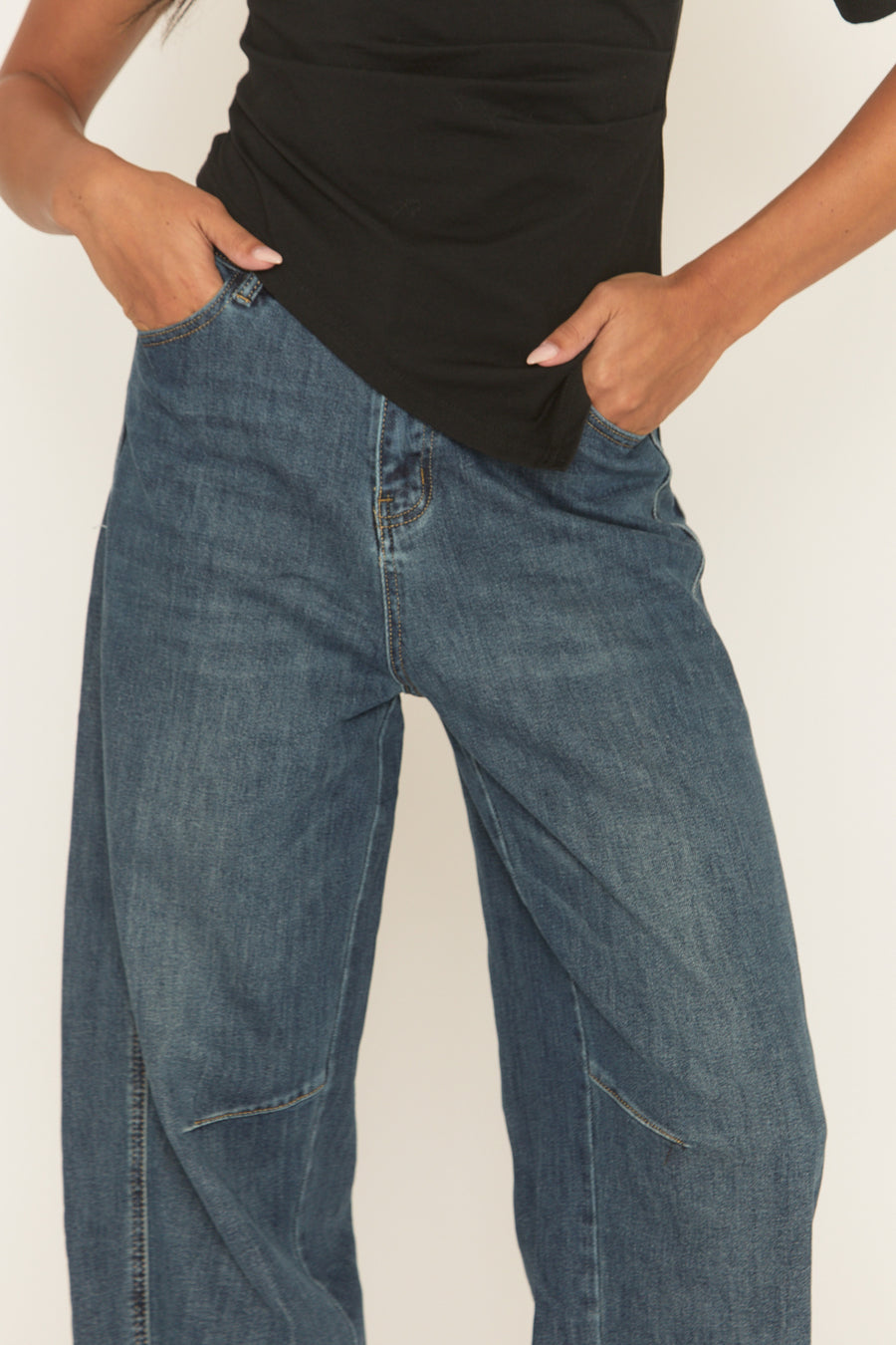 Mid Blue Stretch Denim Barrel Leg Jeans - Aine