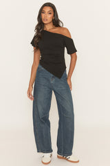 Mid Blue Stretch Denim Barrel Leg Jeans - Aine