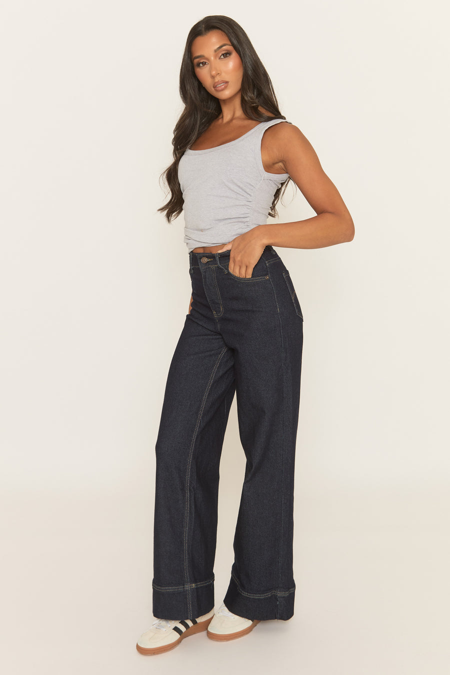 Indigo Contrast Stitch Wide Leg Denim Jeans - Nadira