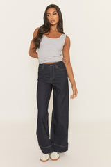 Indigo Contrast Stitch Wide Leg Denim Jeans - Nadira