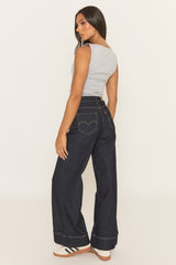 Indigo Contrast Stitch Wide Leg Denim Jeans - Nadira