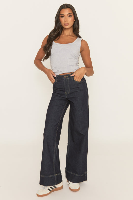 Indigo Contrast Stitch Wide Leg Denim Jeans - Nadira
