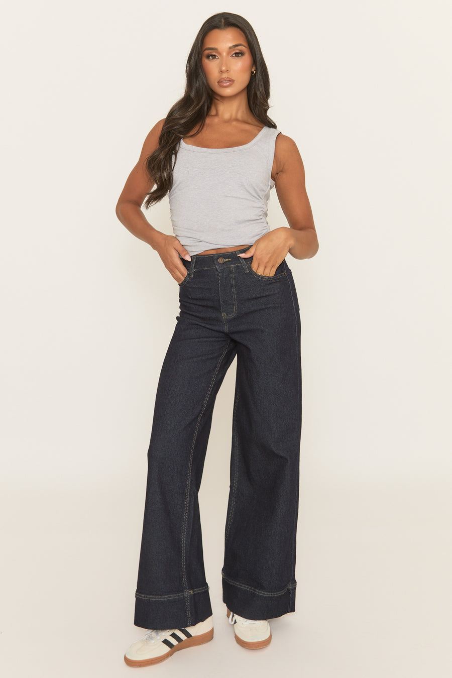 Indigo Contrast Stitch Wide Leg Denim Jeans - Nadira