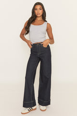 Indigo Contrast Stitch Wide Leg Denim Jeans - Nadira
