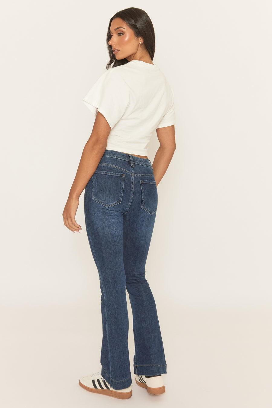 Mid Blue Stretch Denim Flare Jeans - Sorcha