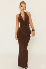 Chocolate Halterneck Tie Back Maxi Dress - Amalfie