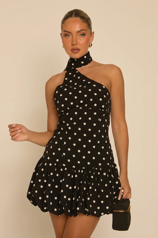 Black Polka Dot Scarf Mini Dress - Noah