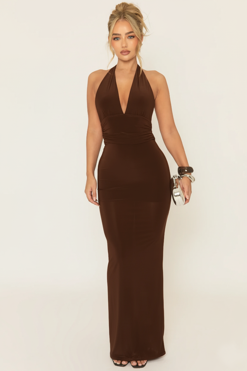 Chocolate Halterneck Tie Back Maxi Dress | Dresses | Rebellious Fashion Chocolate Halterneck Tie Back Maxi Dress | Dresses | Rebellious Fashion