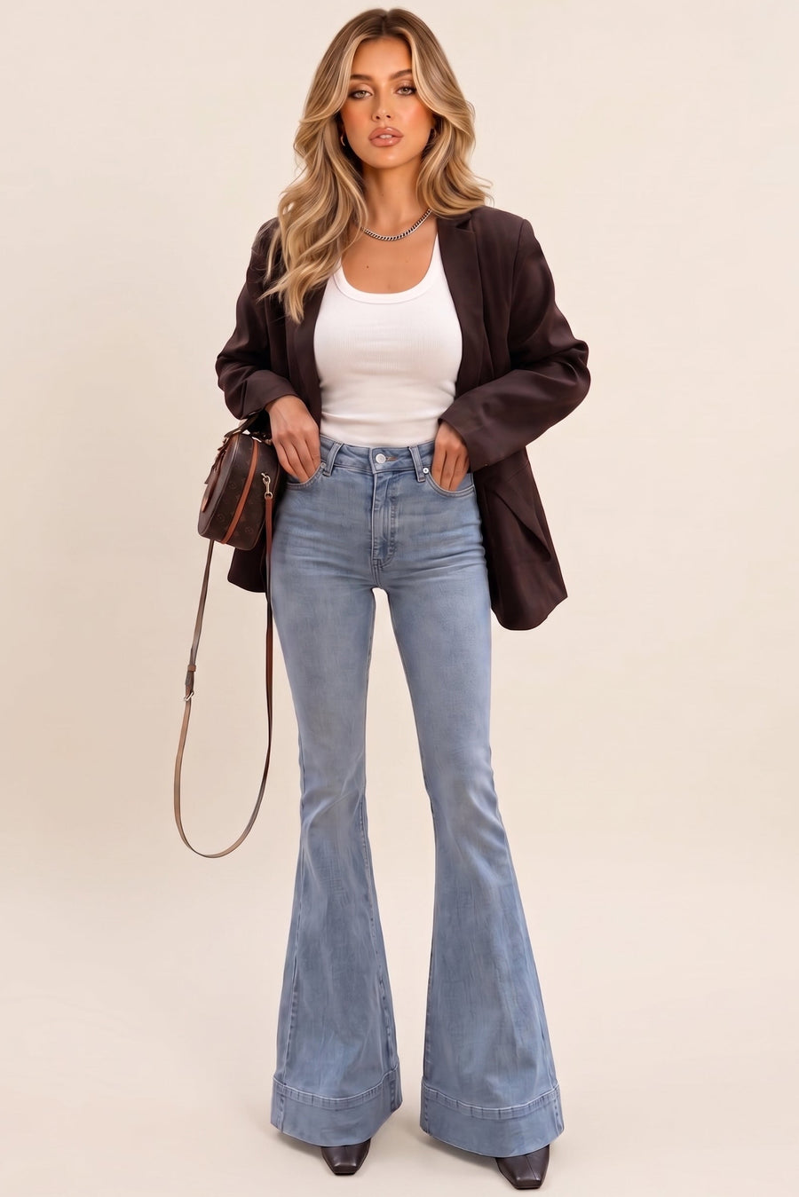 Light Blue Stretch Denim Mid Waist Flared Jeans - Khyla