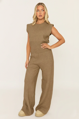 Mocha Knitted Vest and Trouser Loungewear Co-ord Set - Aziel