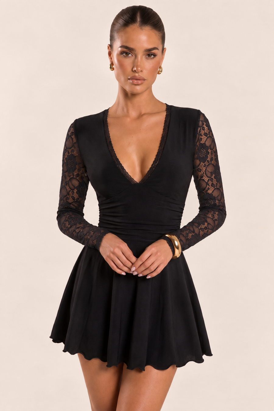 Black Slinky Lace Sleeve Floaty Skater Mini Dress - Bryson