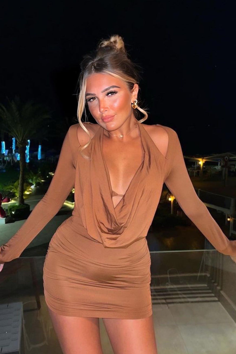 Brown Cowl Neck Side Ruched Mini Dress | Mini Dress | Rebellious Fashion Brown Cowl Neck Side Ruched Mini Dress | Mini Dress | Rebellious Fashion