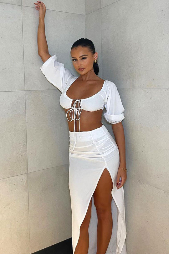 White Bardot Cropped Top & Front Slit Skirt Co-ord Set - Vanika