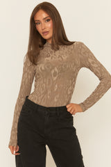 Taupe Leopard Print High Neck Bodysuit - Sareena