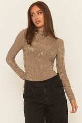 Taupe Leopard Print High Neck Bodysuit - Sareena