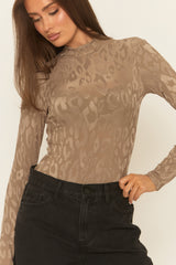 Taupe Leopard Print High Neck Bodysuit - Sareena