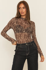 Brown Abstract Print Mesh Bodysuit - Laycee