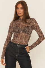 Brown Abstract Print Mesh Bodysuit - Laycee