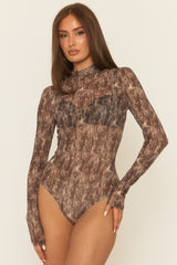 Brown Abstract Print Mesh Bodysuit - Laycee