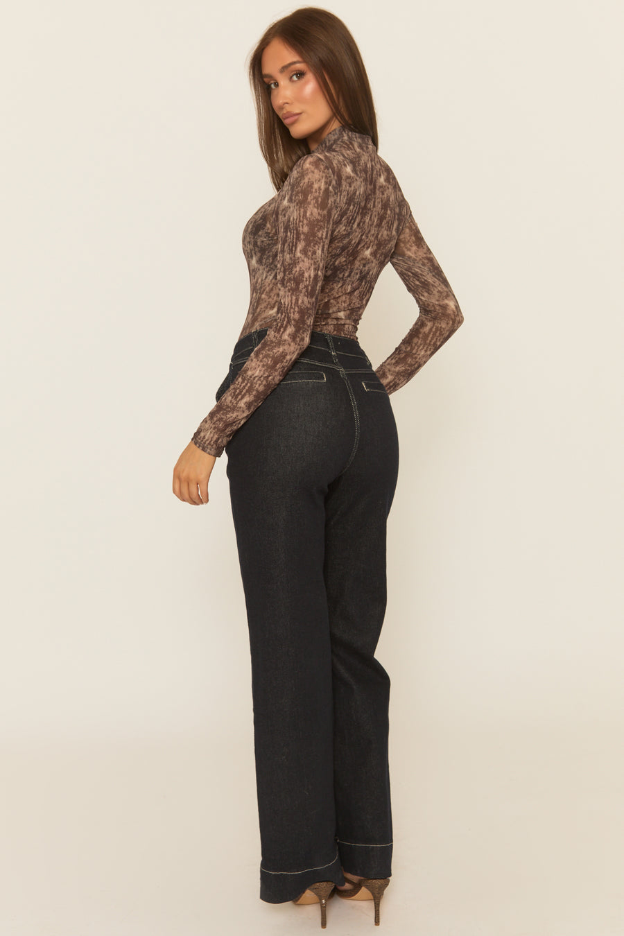 Brown Abstract Print Mesh Bodysuit - Laycee