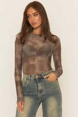 Taupe Abstract Print Mesh Bodysuit - Salima
