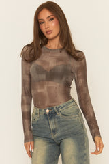 Taupe Abstract Print Mesh Bodysuit - Salima