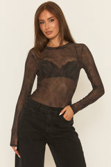Brown Abstract Print Mesh Bodysuit - Kerris